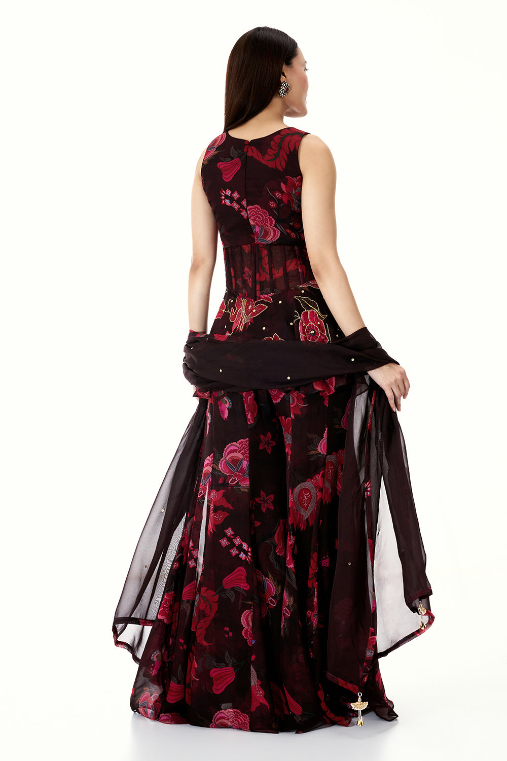 Dark Wine Coloured Organza Peplum Sharara Suit with Mirror and Cutdana Work