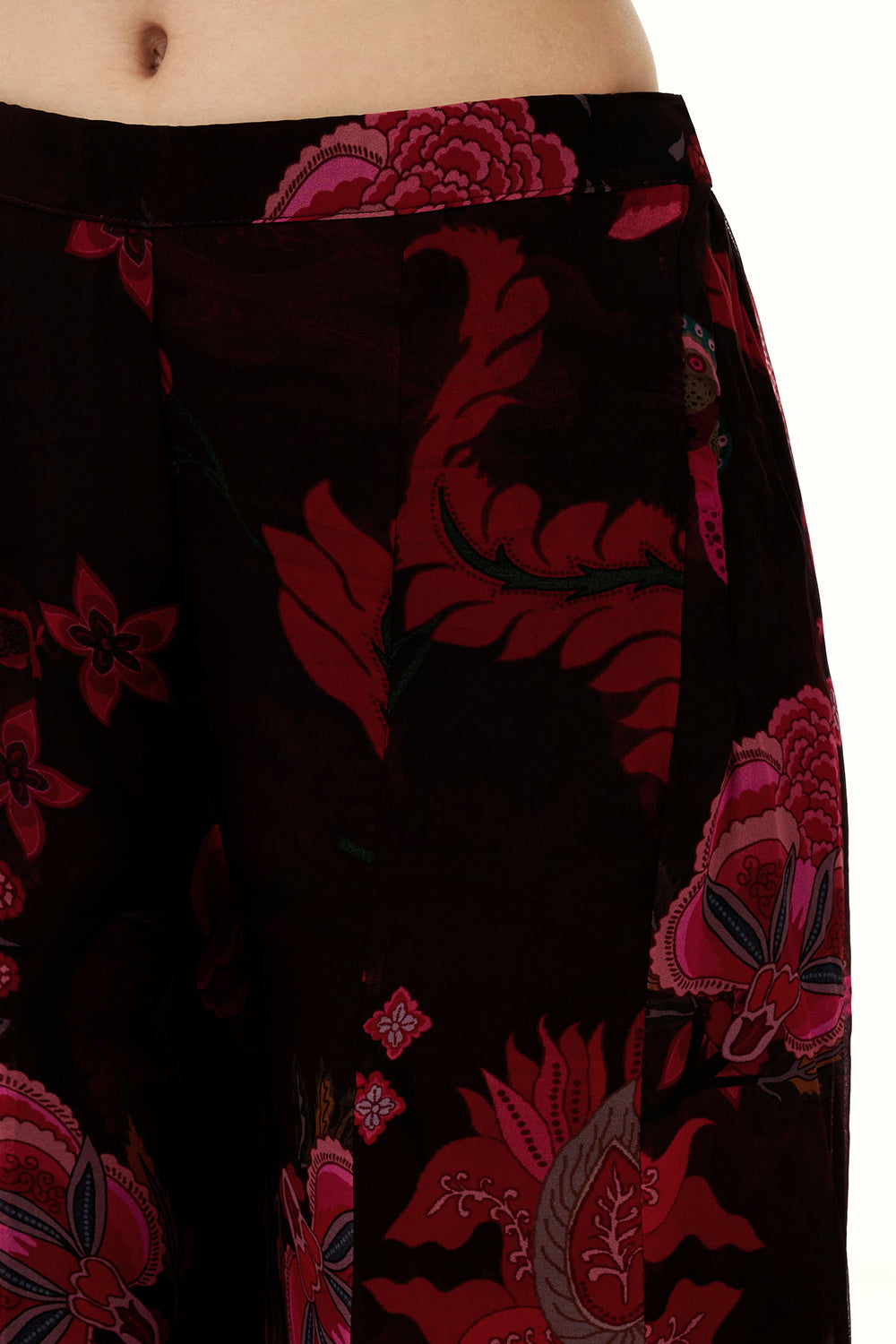 Dark Wine Coloured Organza Peplum Sharara Suit with Mirror and Cutdana Work