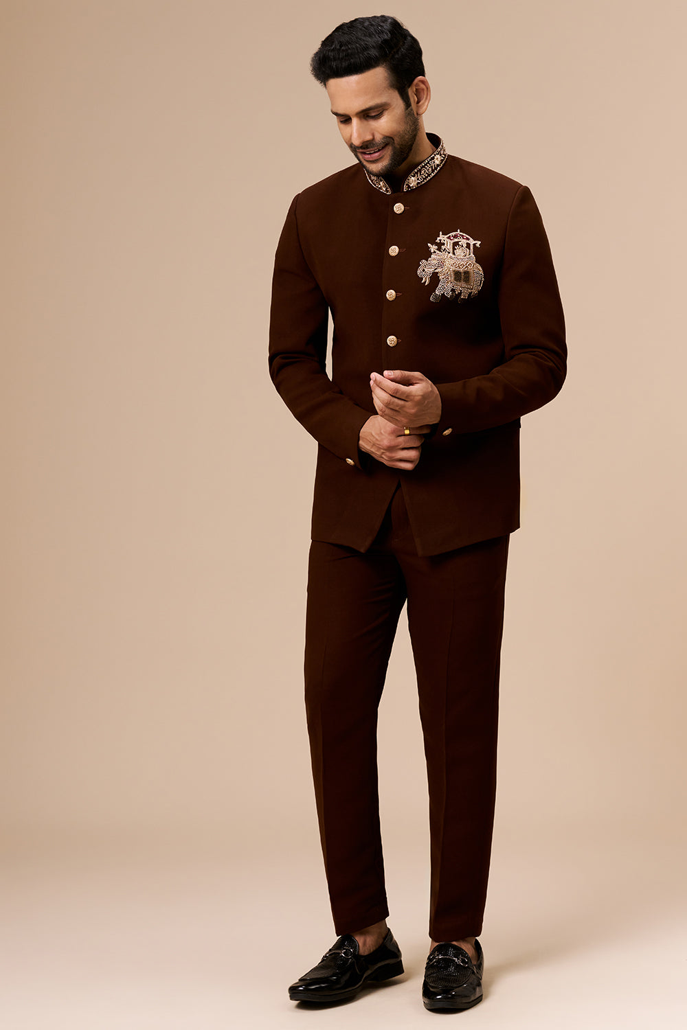 Deep Brown Georgette Jodhpuri with Cut Dana and Zari Elephant Motif