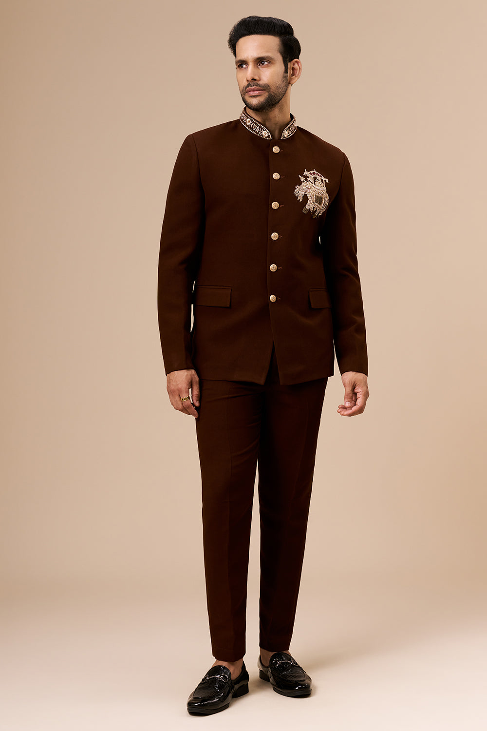 Deep Brown Georgette Jodhpuri with Cut Dana and Zari Elephant Motif