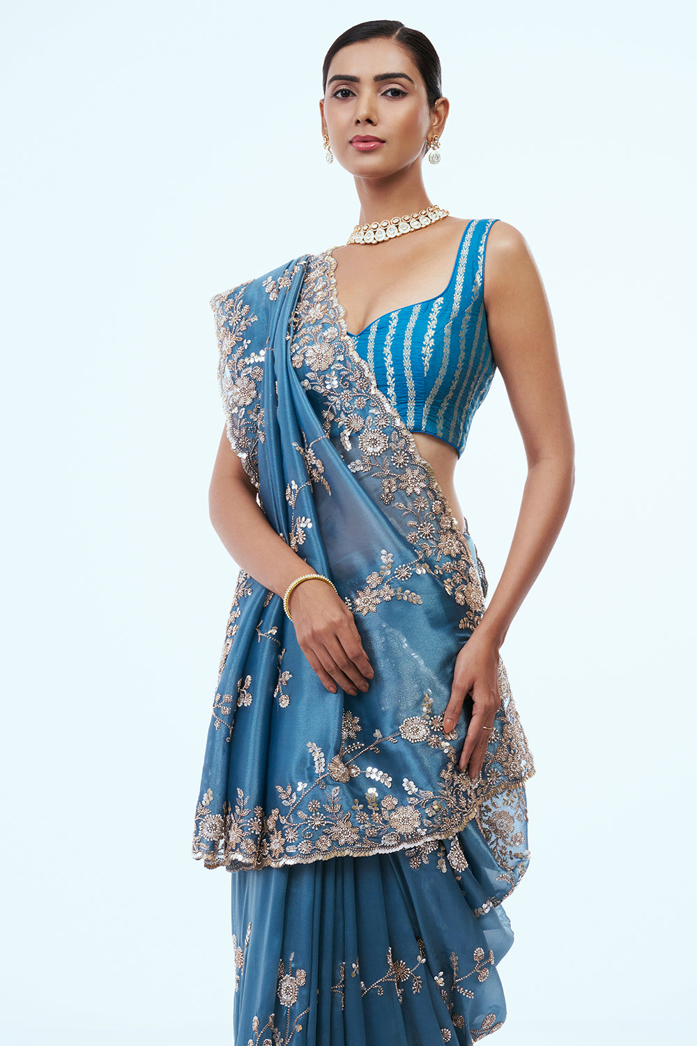 Deep Firozi Blue Shimmer Zari Tissue Saree with Bead Work