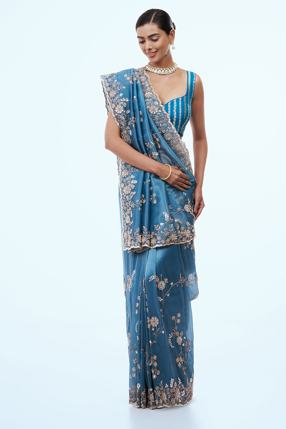Deep Firozi Blue Shimmer Zari Tissue Saree with Bead Work