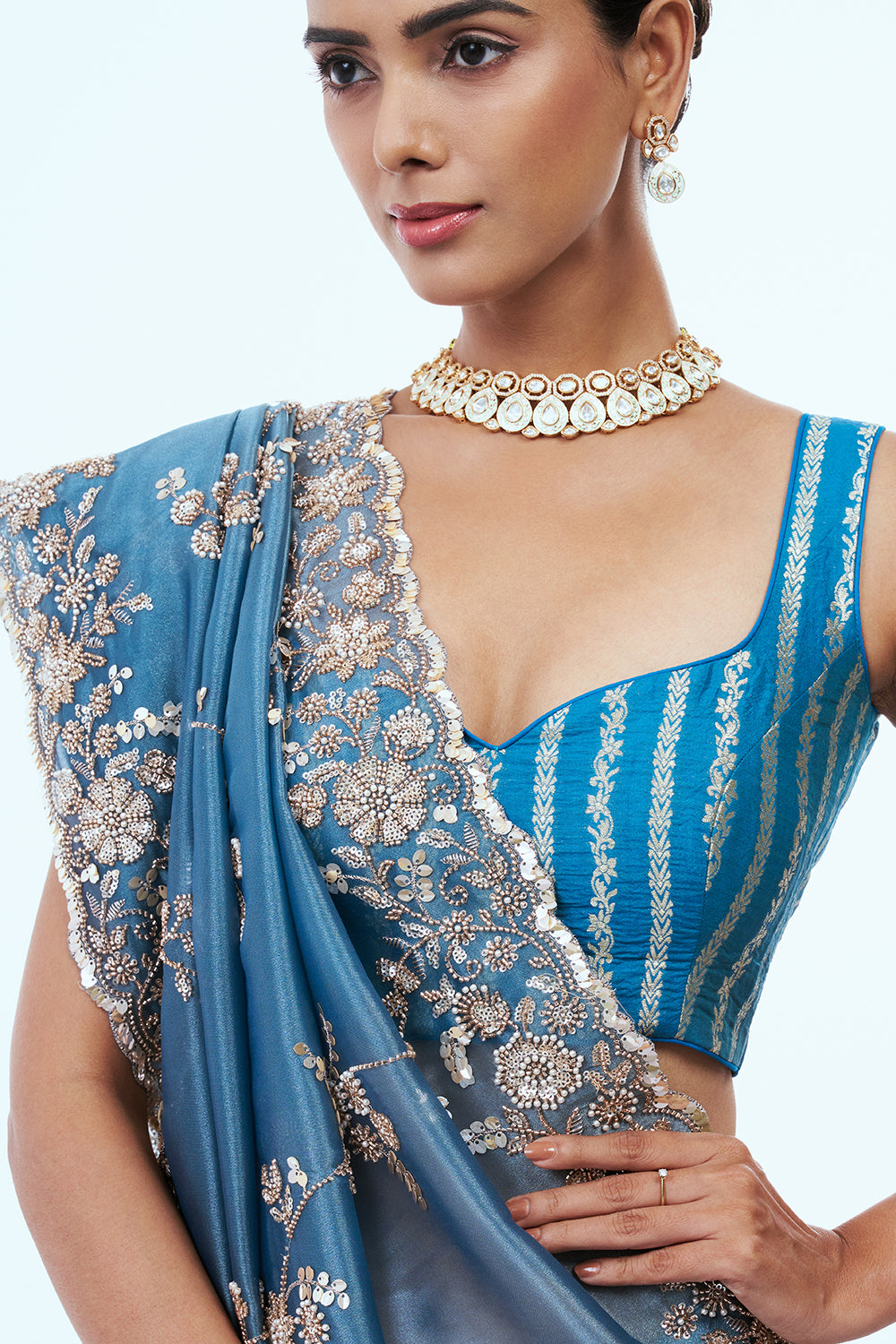 Deep Firozi Blue Shimmer Zari Tissue Saree with Bead Work