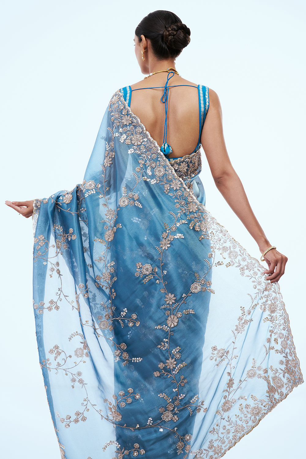 Deep Firozi Blue Shimmer Zari Tissue Saree with Bead Work