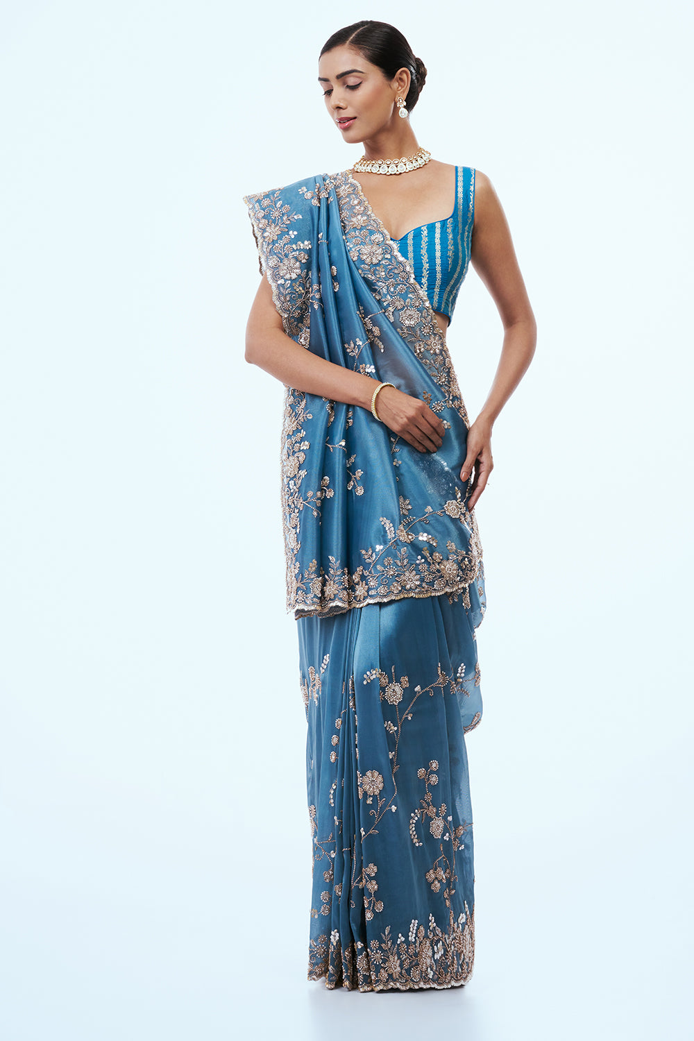 Deep Firozi Blue Shimmer Zari Tissue Saree with Bead Work