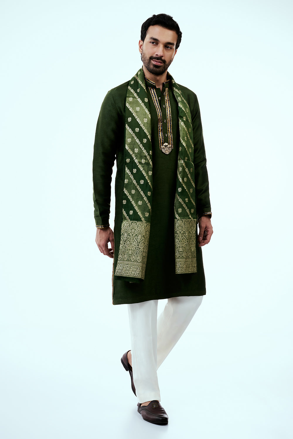 Deep Green Nokia Silk Mens Kurta Set with Embroidery Work