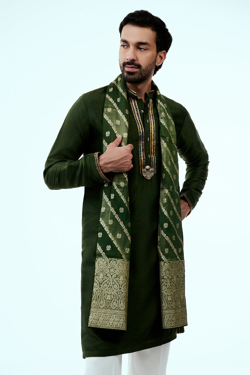 Deep Green Nokia Silk Mens Kurta Set with Embroidery Work