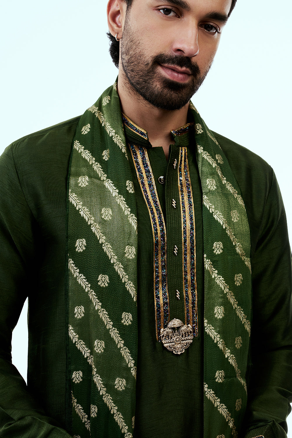 Deep Green Nokia Silk Mens Kurta Set with Embroidery Work