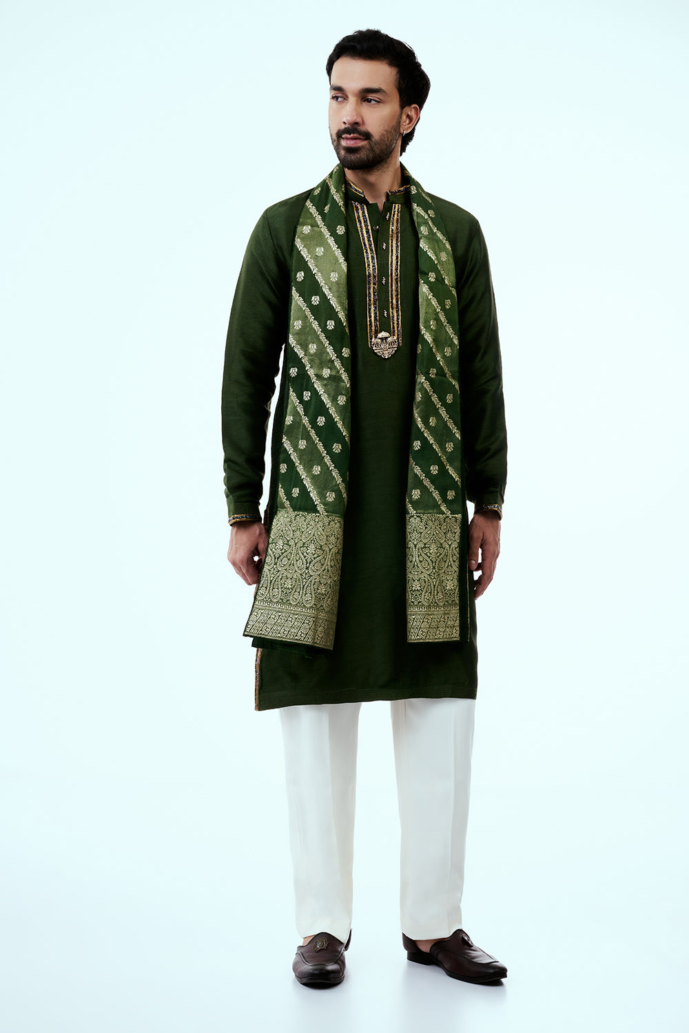 Deep Green Nokia Silk Mens Kurta Set with Embroidery Work
