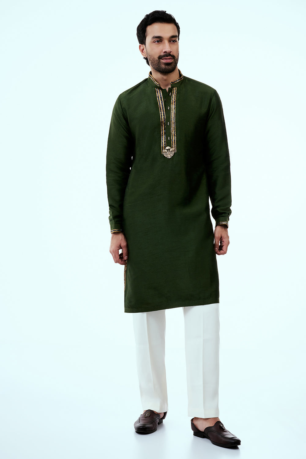 Deep Green Nokia Silk Mens Kurta Set with Embroidery Work