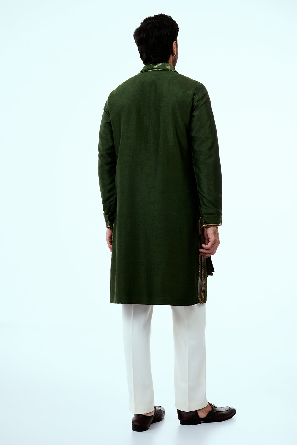 Deep Green Nokia Silk Mens Kurta Set with Embroidery Work