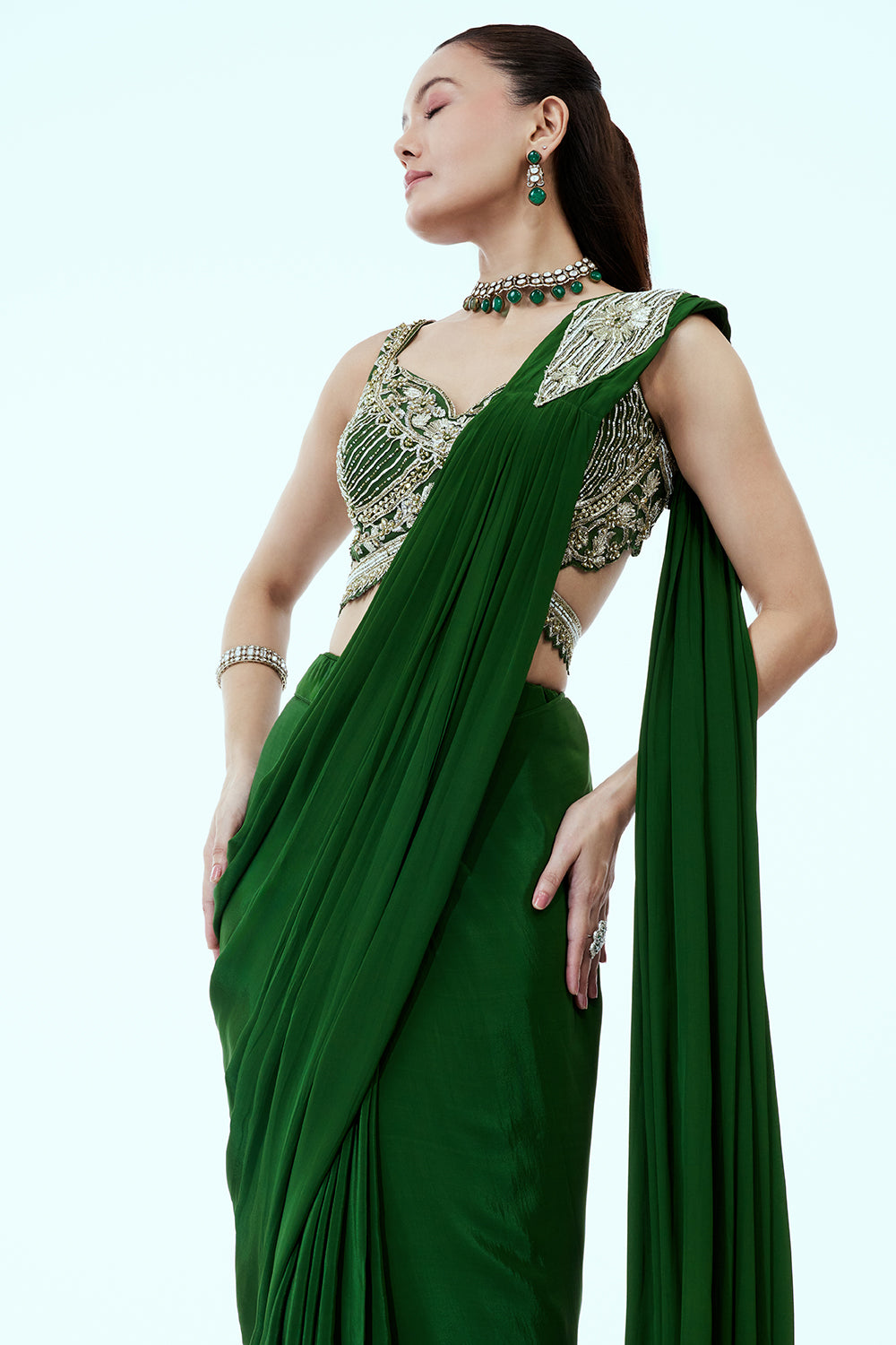 Deep Green Silk Ready to Wear Saree with Cutdana and Zari Work