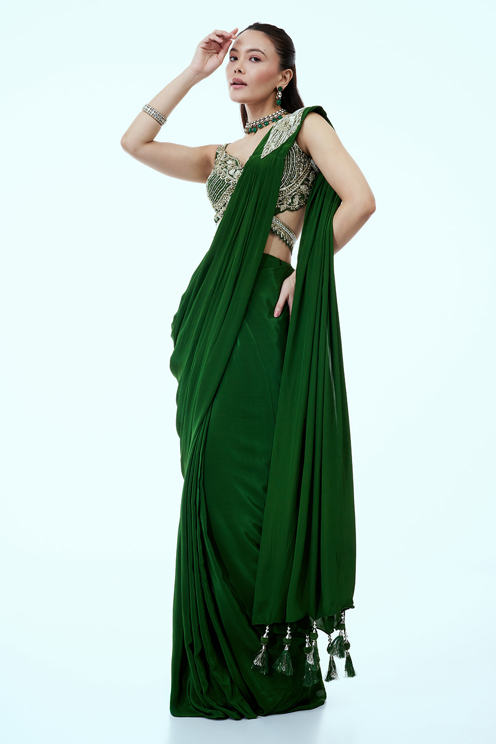 Deep Green Silk Ready to Wear Saree with Cutdana and Zari Work