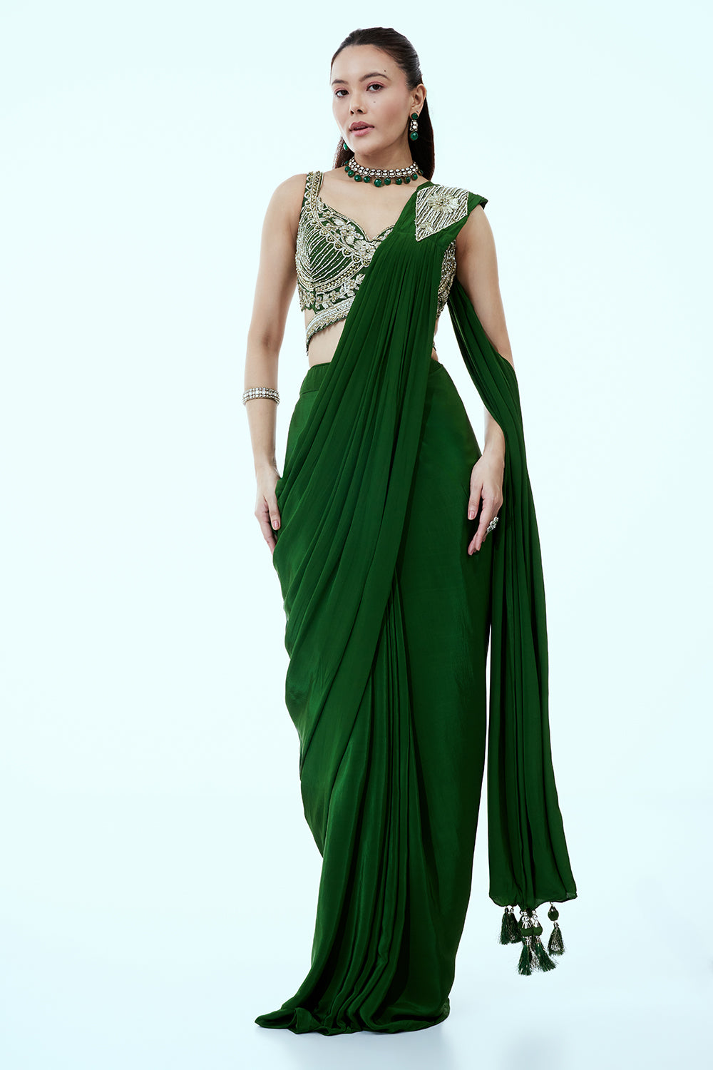 Deep Green Silk Ready to Wear Saree with Cutdana and Zari Work