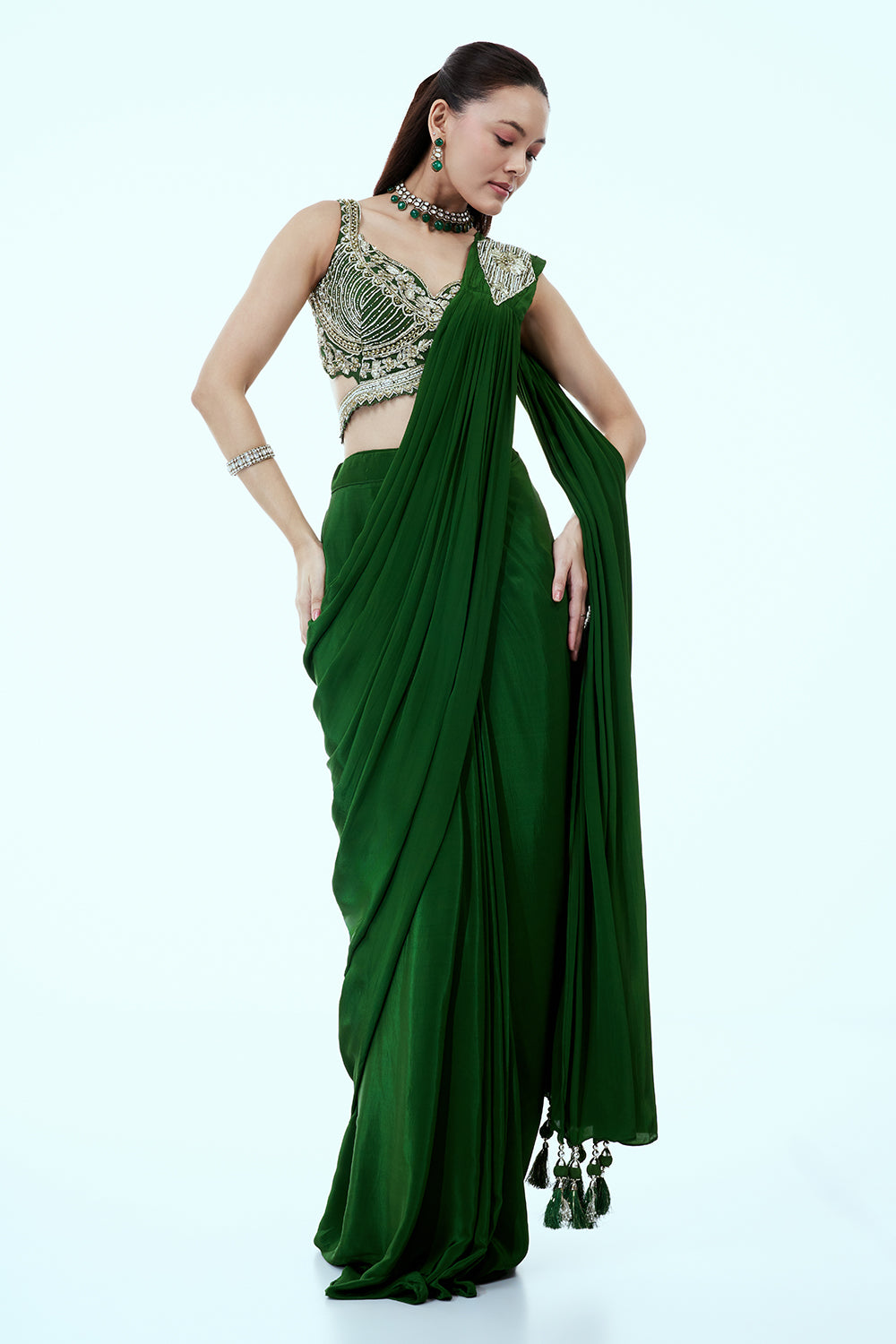 Deep Green Silk Ready to Wear Saree with Cutdana and Zari Work