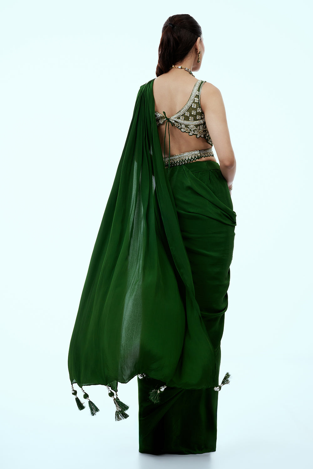 Deep Green Silk Ready to Wear Saree with Cutdana and Zari Work
