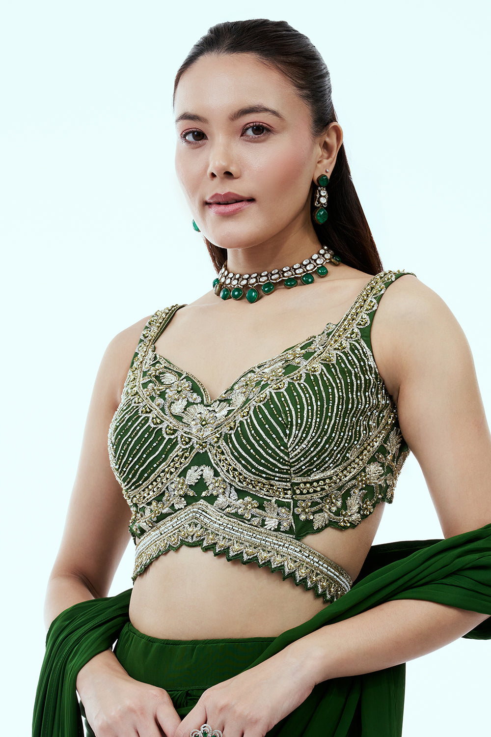 Deep Green Silk Ready to Wear Saree with Cutdana and Zari Work