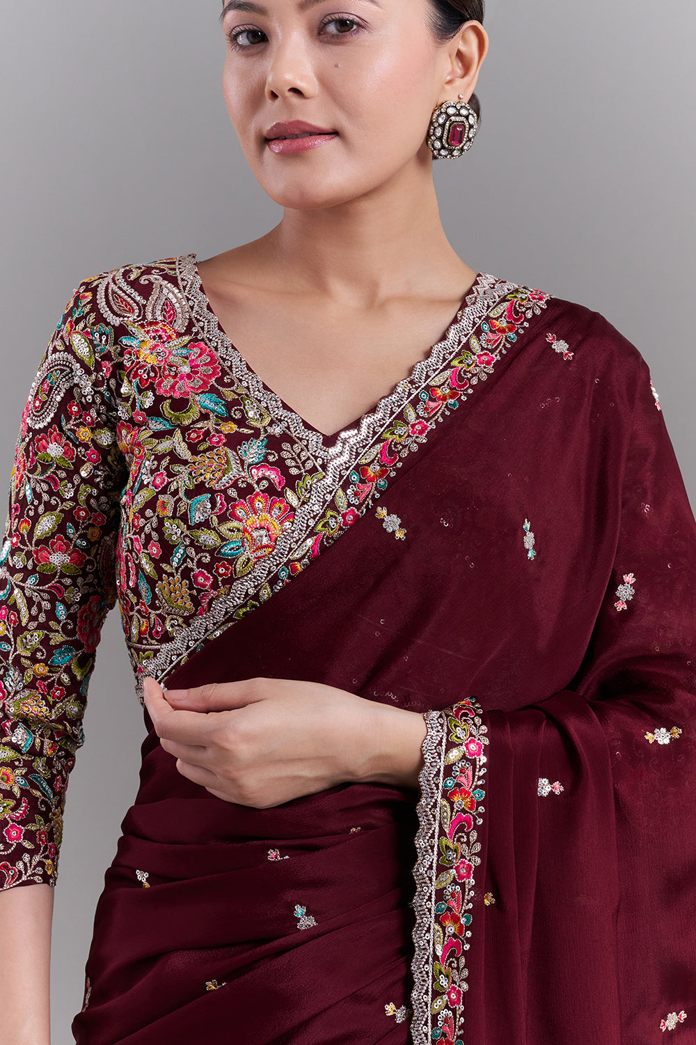 Deep Maroon Crepe Saree with Stitched Blouse