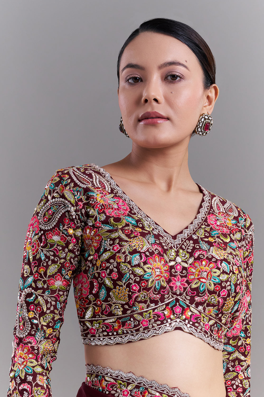 Deep Maroon Crepe Saree with Stitched Blouse