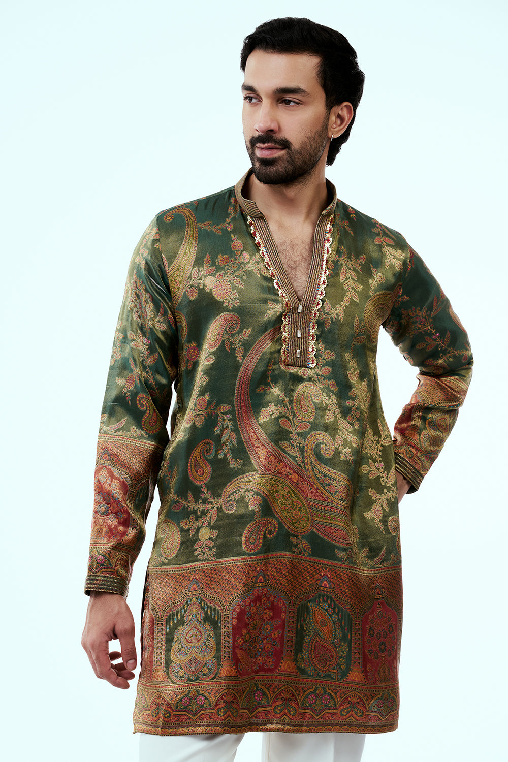 Deep Moss Green Shimmer Silk Mens Kurta Set with Red Print and Zari Embroidery
