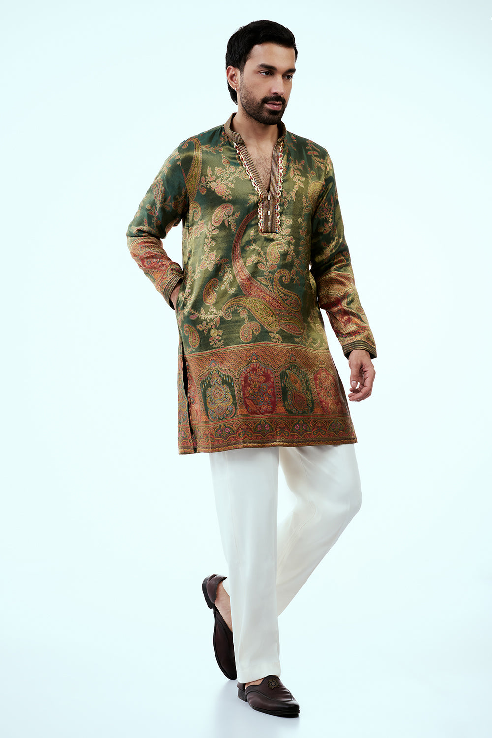 Deep Moss Green Shimmer Silk Mens Kurta Set with Red Print and Zari Embroidery