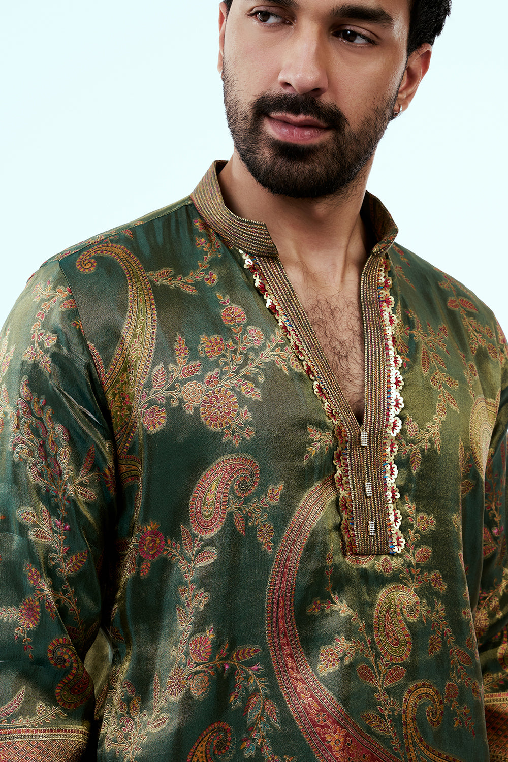 Deep Moss Green Shimmer Silk Mens Kurta Set with Red Print and Zari Embroidery
