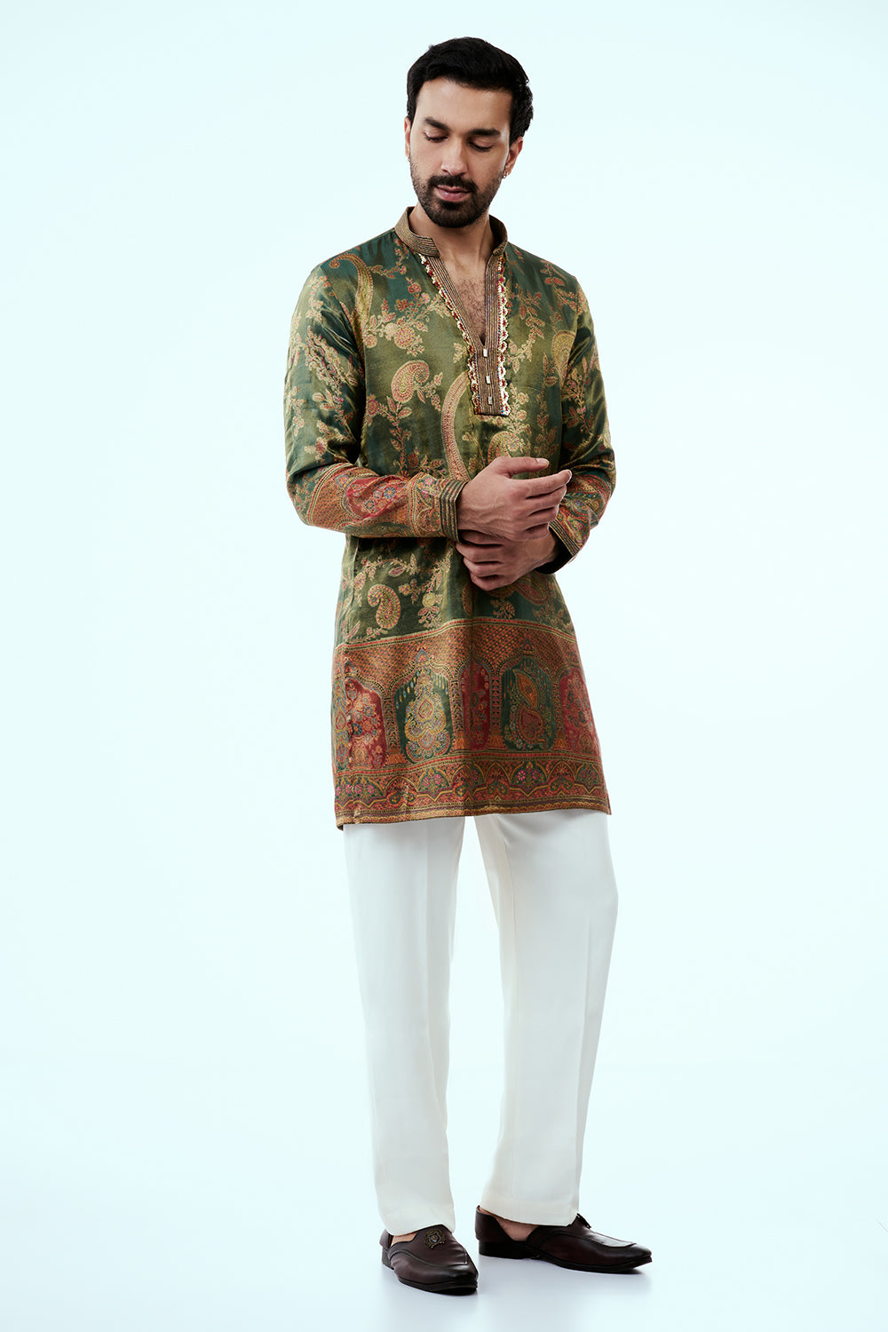 Deep Moss Green Shimmer Silk Mens Kurta Set with Red Print and Zari Embroidery