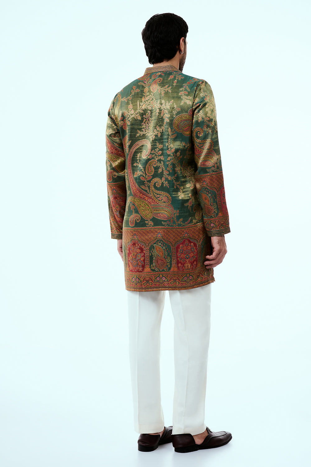 Deep Moss Green Shimmer Silk Mens Kurta Set with Red Print and Zari Embroidery