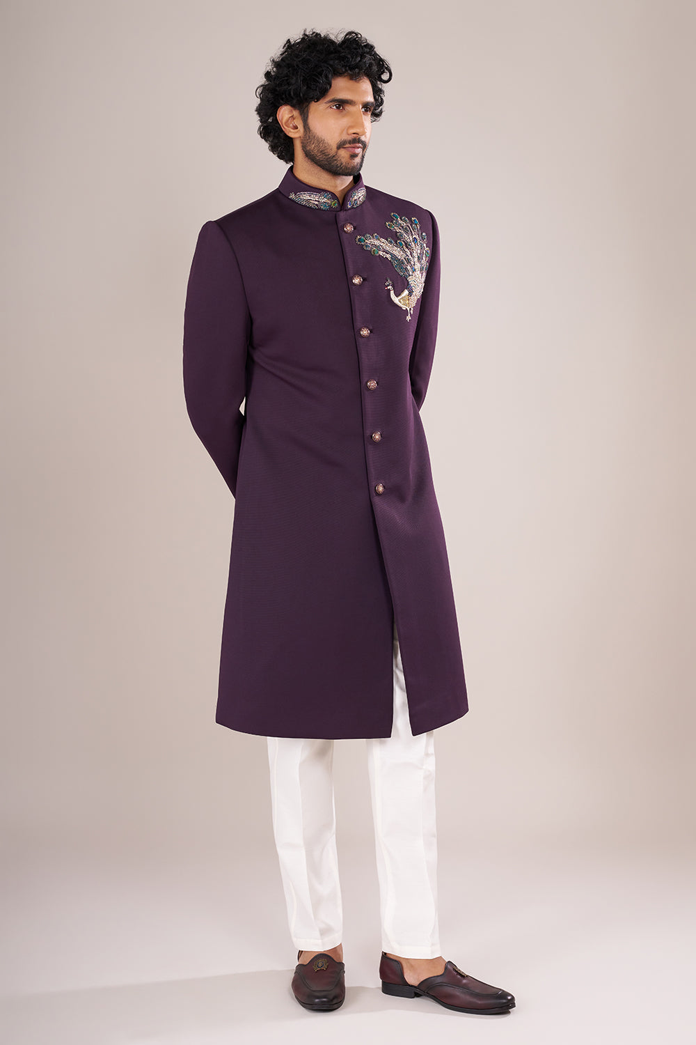 Deep Plum Men's Embroidered Indo-Western Sherwani