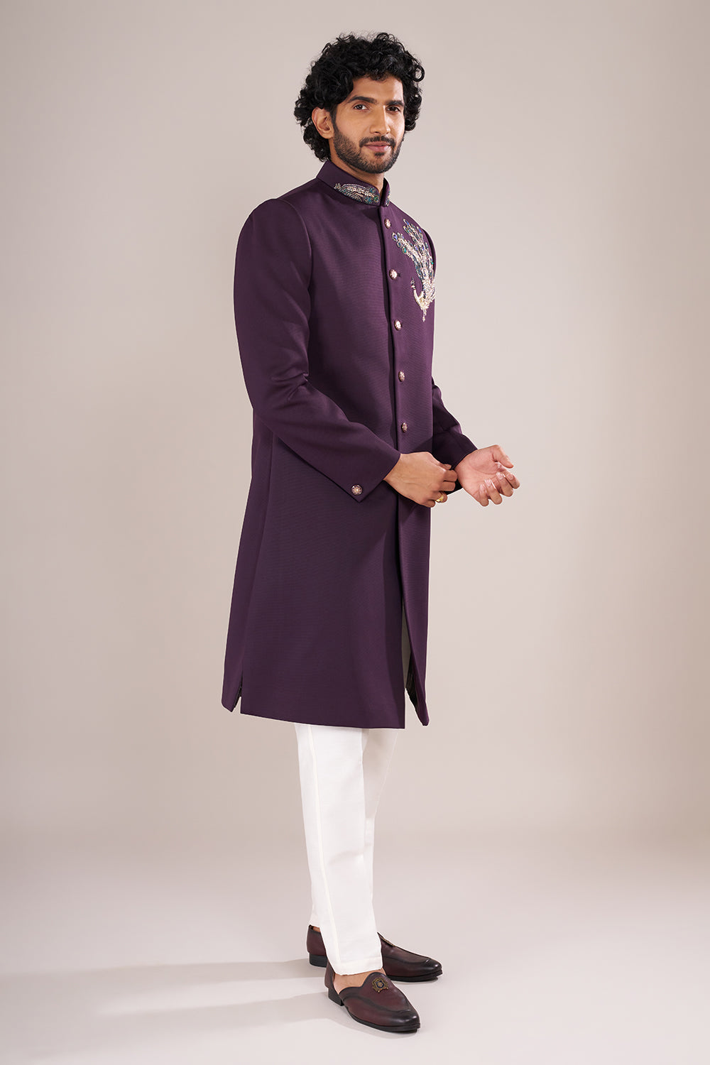 Deep Plum Men's Embroidered Indo-Western Sherwani