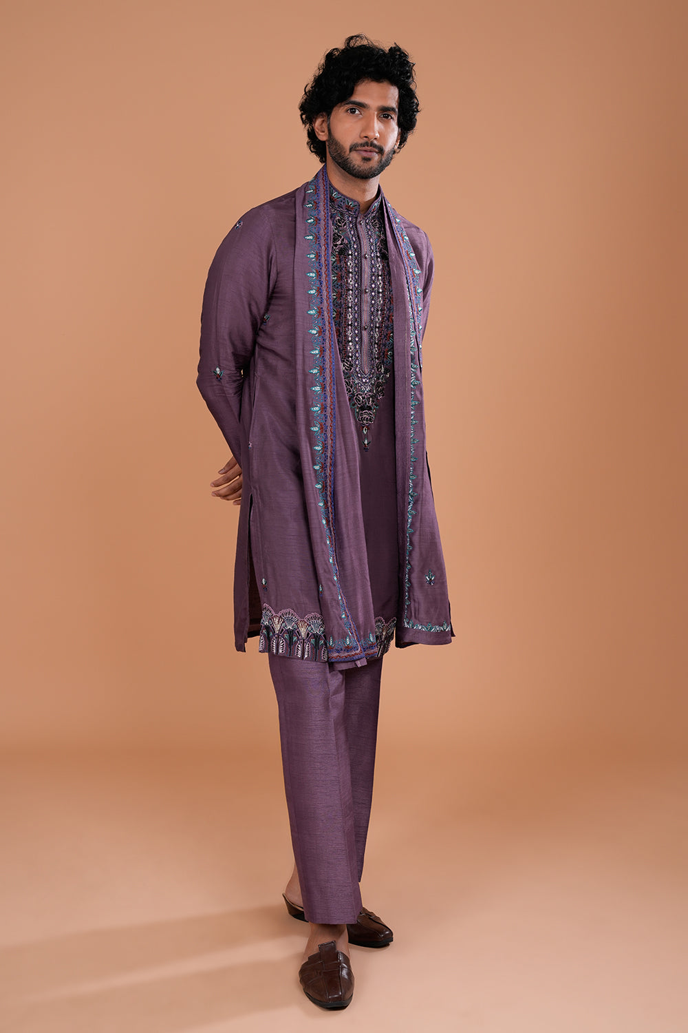 Deep Plum Silk Men's Kurta Set with Sequin Work