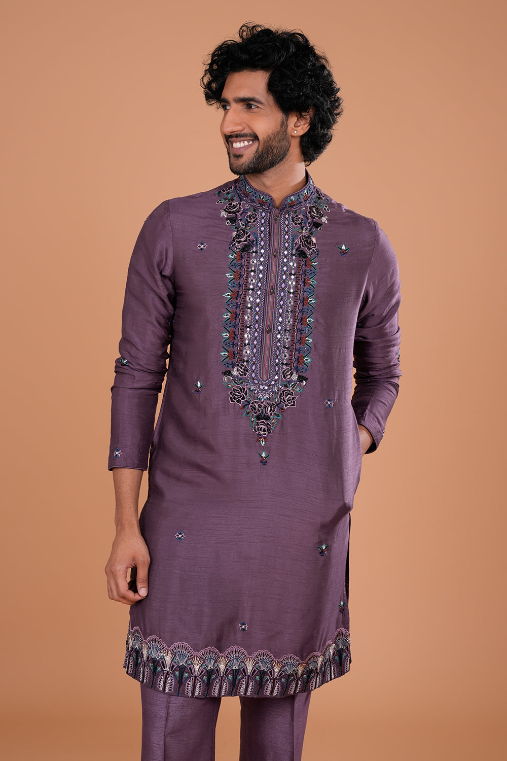 Deep Plum Silk Men's Kurta Set with Sequin Work