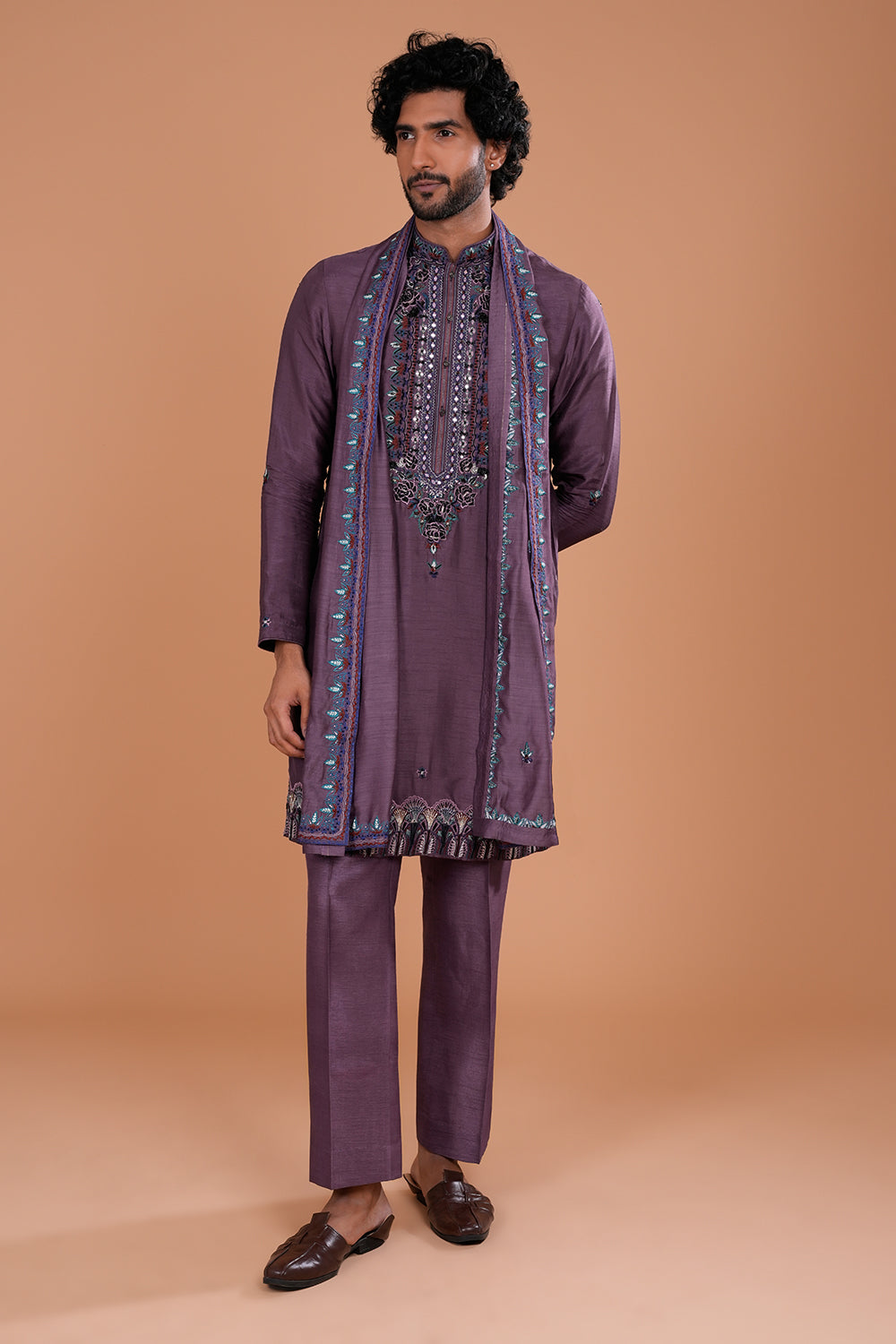 Deep Plum Silk Men's Kurta Set with Sequin Work