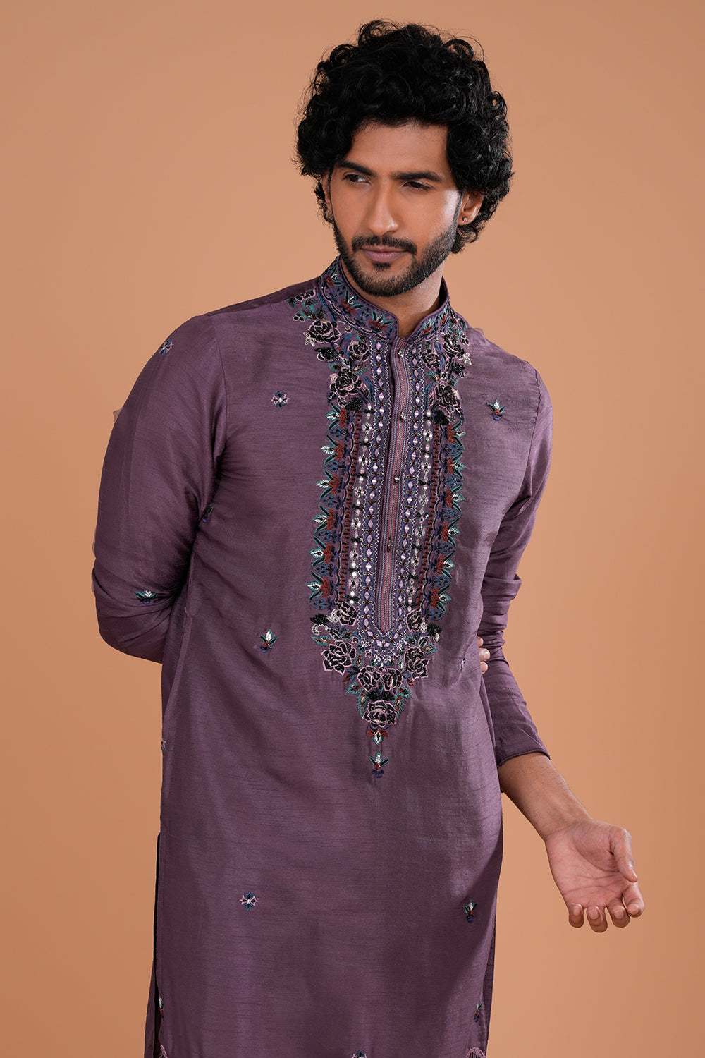 Deep Plum Silk Men's Kurta Set with Sequin Work
