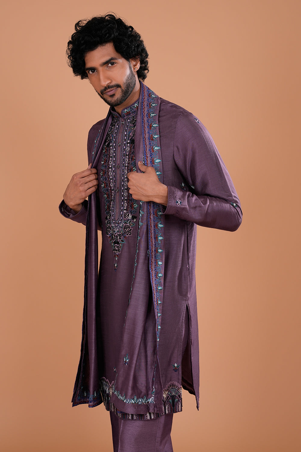 Deep Plum Silk Men's Kurta Set with Sequin Work