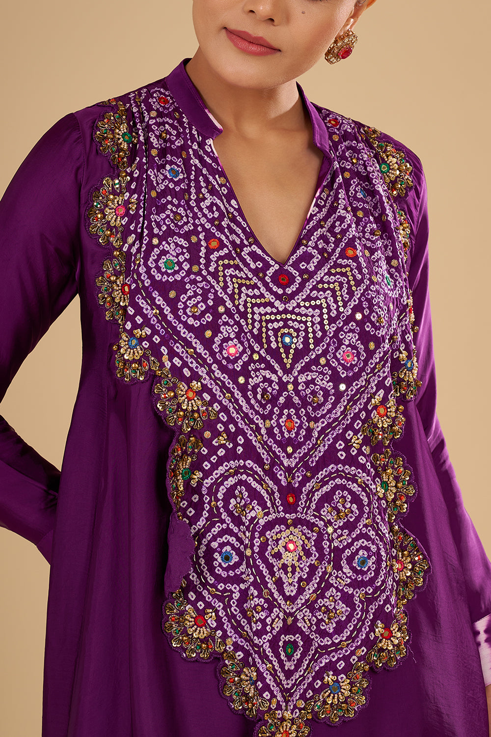 Deep Purple Bamber Satin Tunic Set with Bandhani Yoke Mirror, Resham and Sequin Work