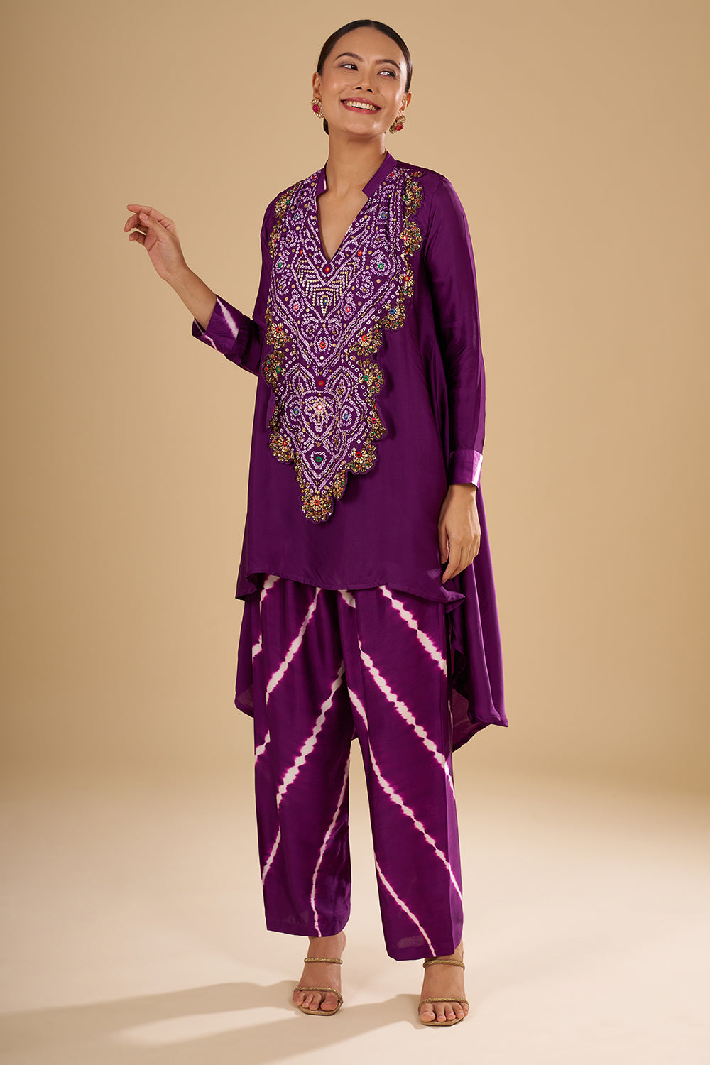 Deep Purple Bamber Satin Tunic Set with Bandhani Yoke Mirror, Resham and Sequin Work