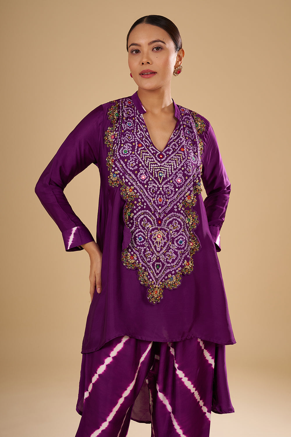 Deep Purple Bamber Satin Tunic Set with Bandhani Yoke Mirror, Resham and Sequin Work