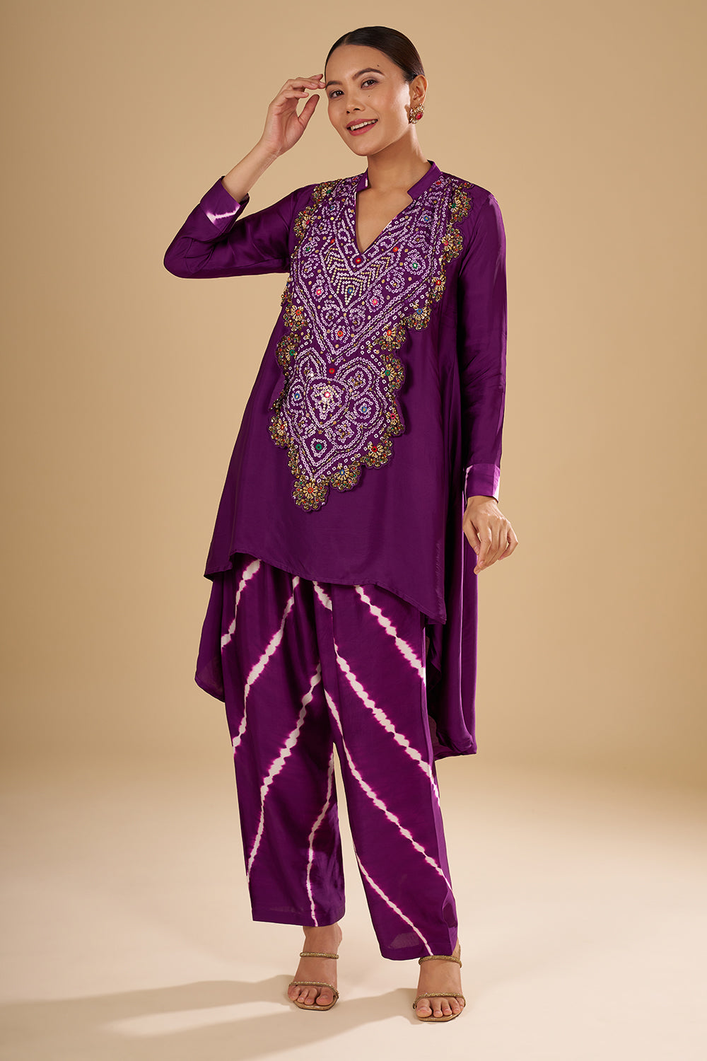 Deep Purple Bamber Satin Tunic Set with Bandhani Yoke Mirror, Resham and Sequin Work