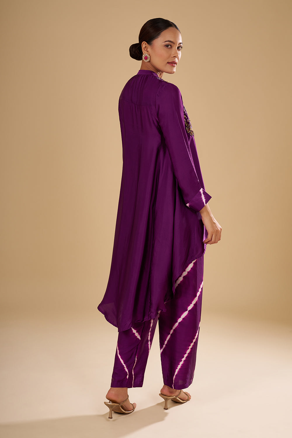 Deep Purple Bamber Satin Tunic Set with Bandhani Yoke Mirror, Resham and Sequin Work