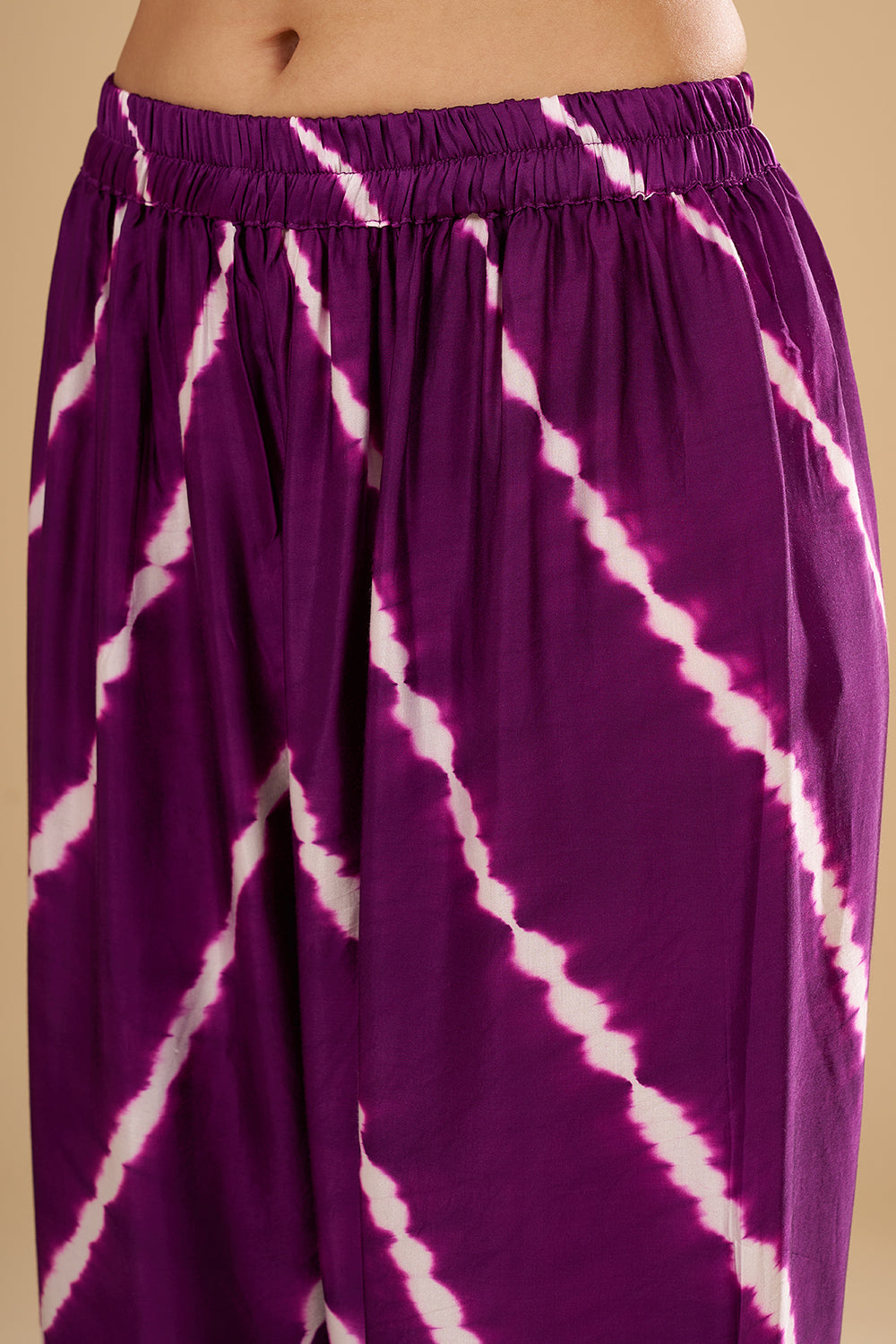 Deep Purple Bamber Satin Tunic Set with Bandhani Yoke Mirror, Resham and Sequin Work