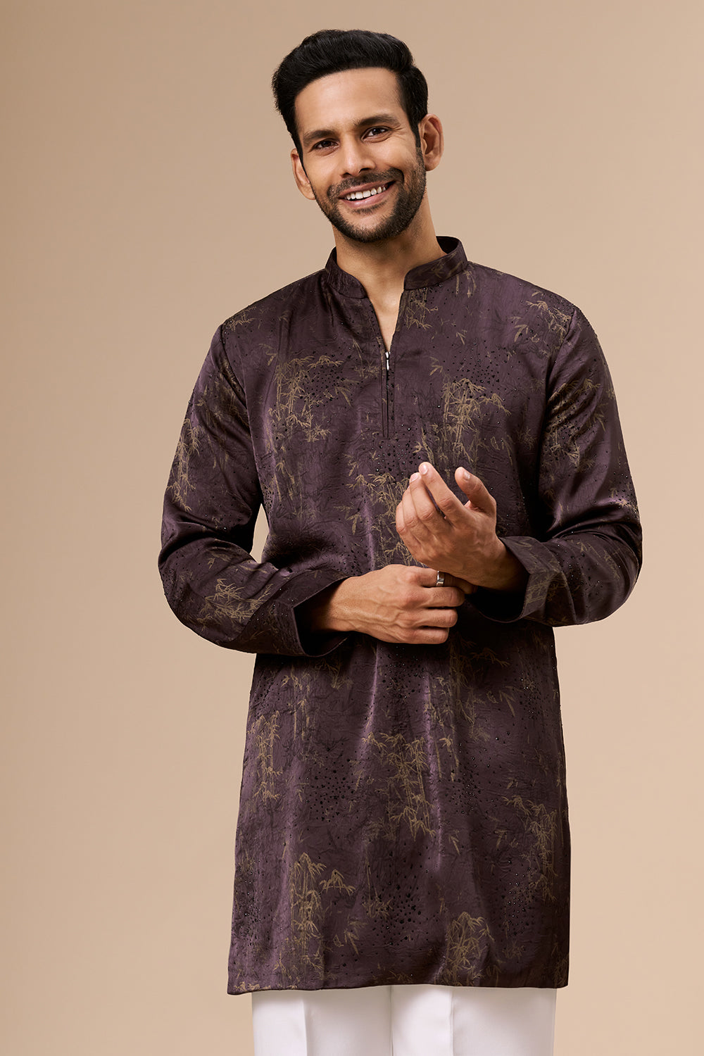 Deep Violet Satin Mens Kurta Set with Embellished Botanical Print