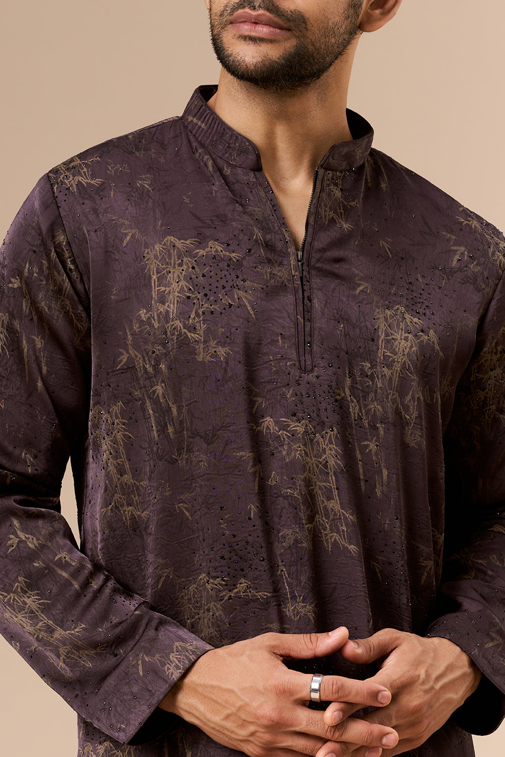 Deep Violet Satin Mens Kurta Set with Embellished Botanical Print