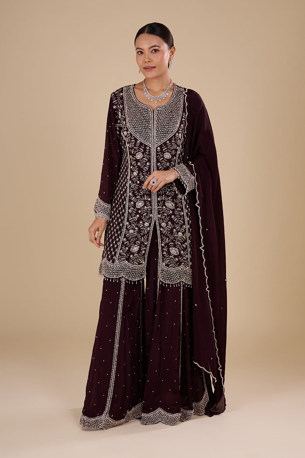 Deep Wine Kurta Sharara Set
