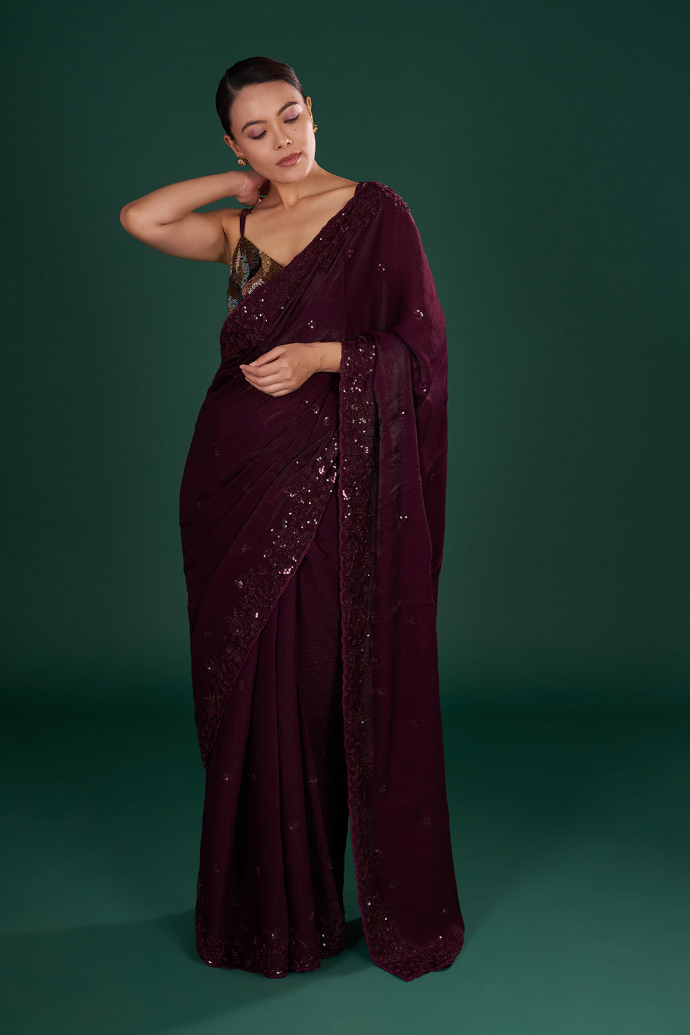 Deep Wine Saree in Crush Shimmer Jimmy choo with Sequin & Thread Embroidery