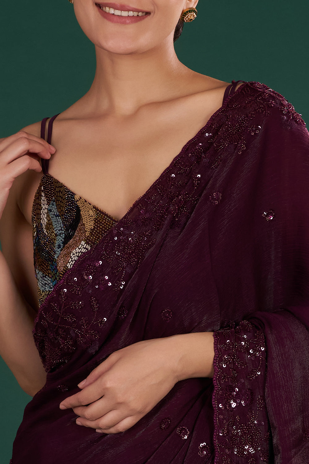 Deep Wine Saree in Crush Shimmer Jimmy choo with Sequin & Thread Embroidery