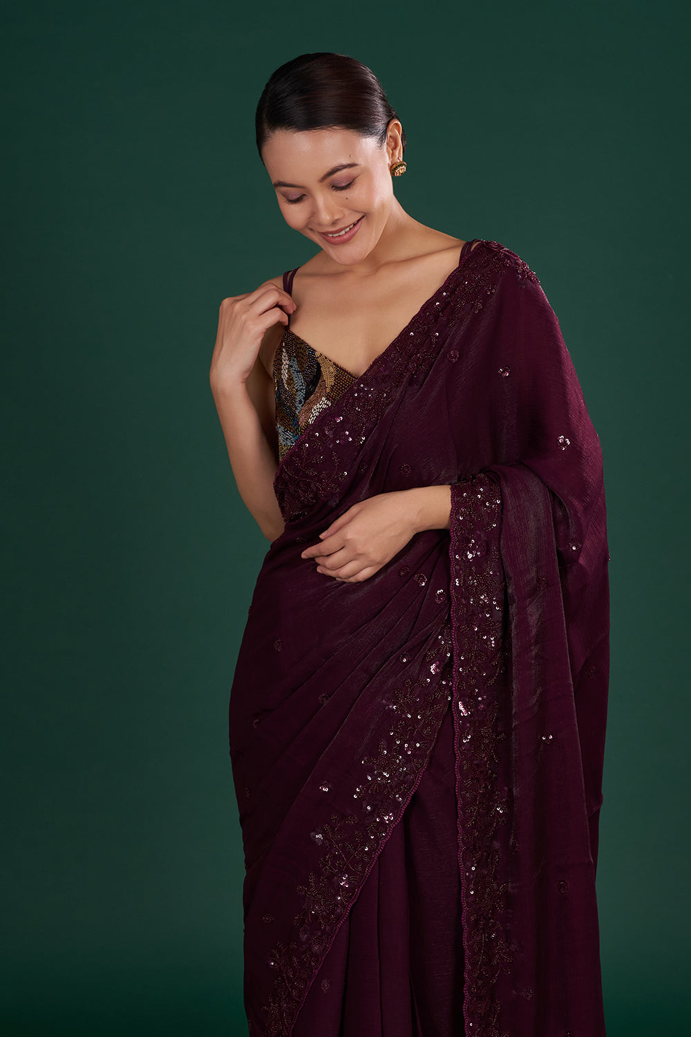 Deep Wine Saree in Crush Shimmer Jimmy choo with Sequin & Thread Embroidery