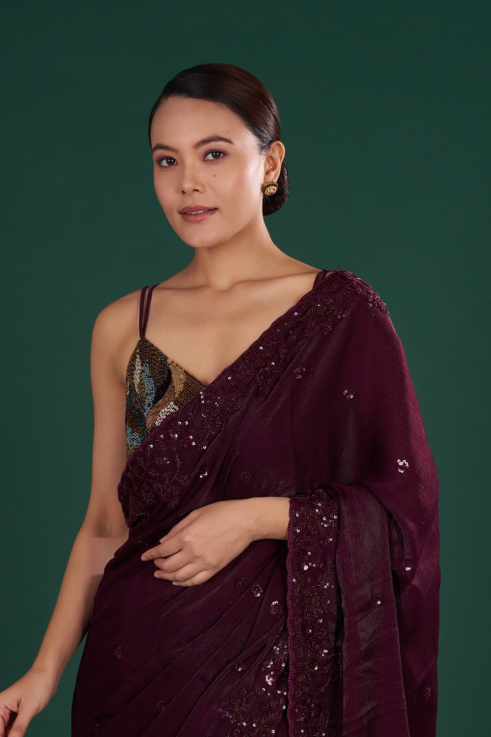 Deep Wine Saree in Crush Shimmer Jimmy choo with Sequin & Thread Embroidery