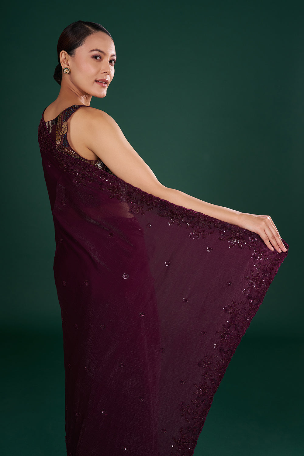 Deep Wine Saree in Crush Shimmer Jimmy choo with Sequin & Thread Embroidery
