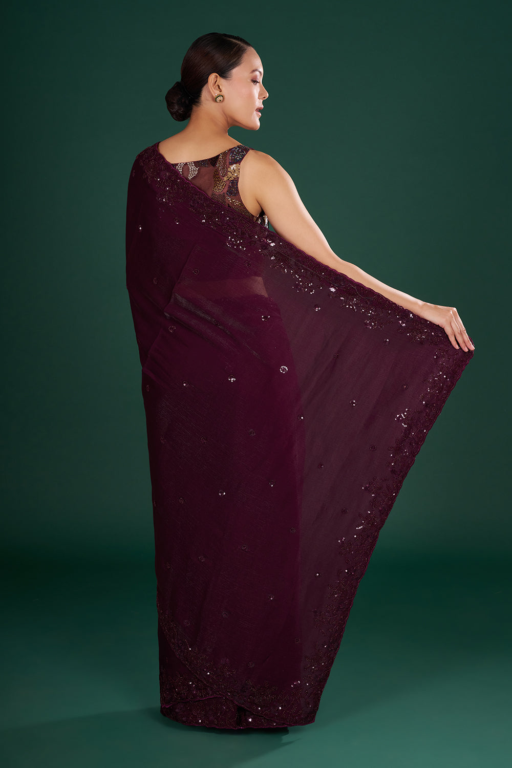 Deep Wine Saree in Crush Shimmer Jimmy choo with Sequin & Thread Embroidery